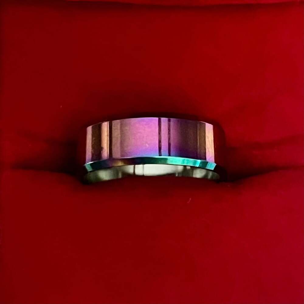 Rainbow Iridescent Anodized Titanium Steel Beveled Edge 6mm Ring Size 8